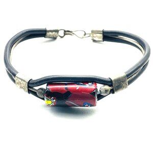 Boho Black Cord Bracelet Red Bead and Silver Tone Accents Faux Leather